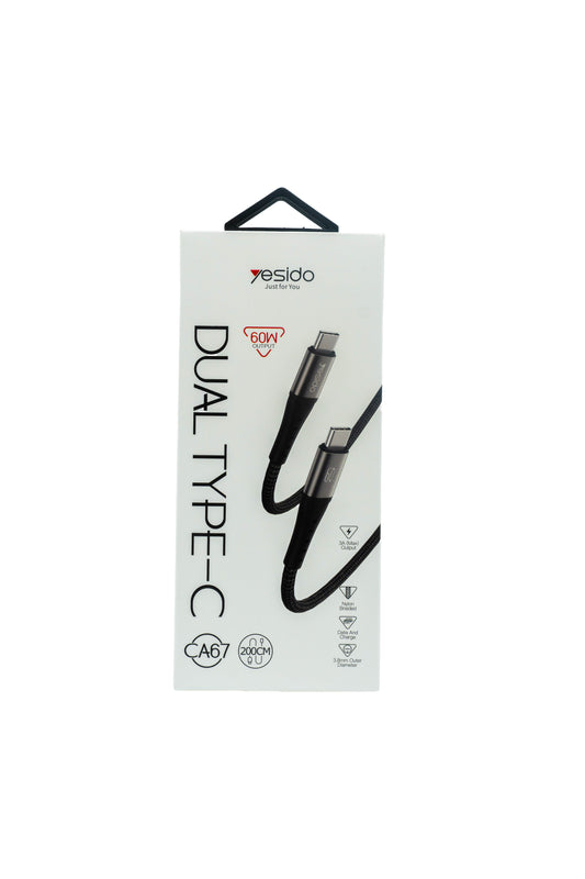 Yesido CA67 Dual Type-C Kabel – 60W Schnellladekabel mit Nylon-Ummantelung