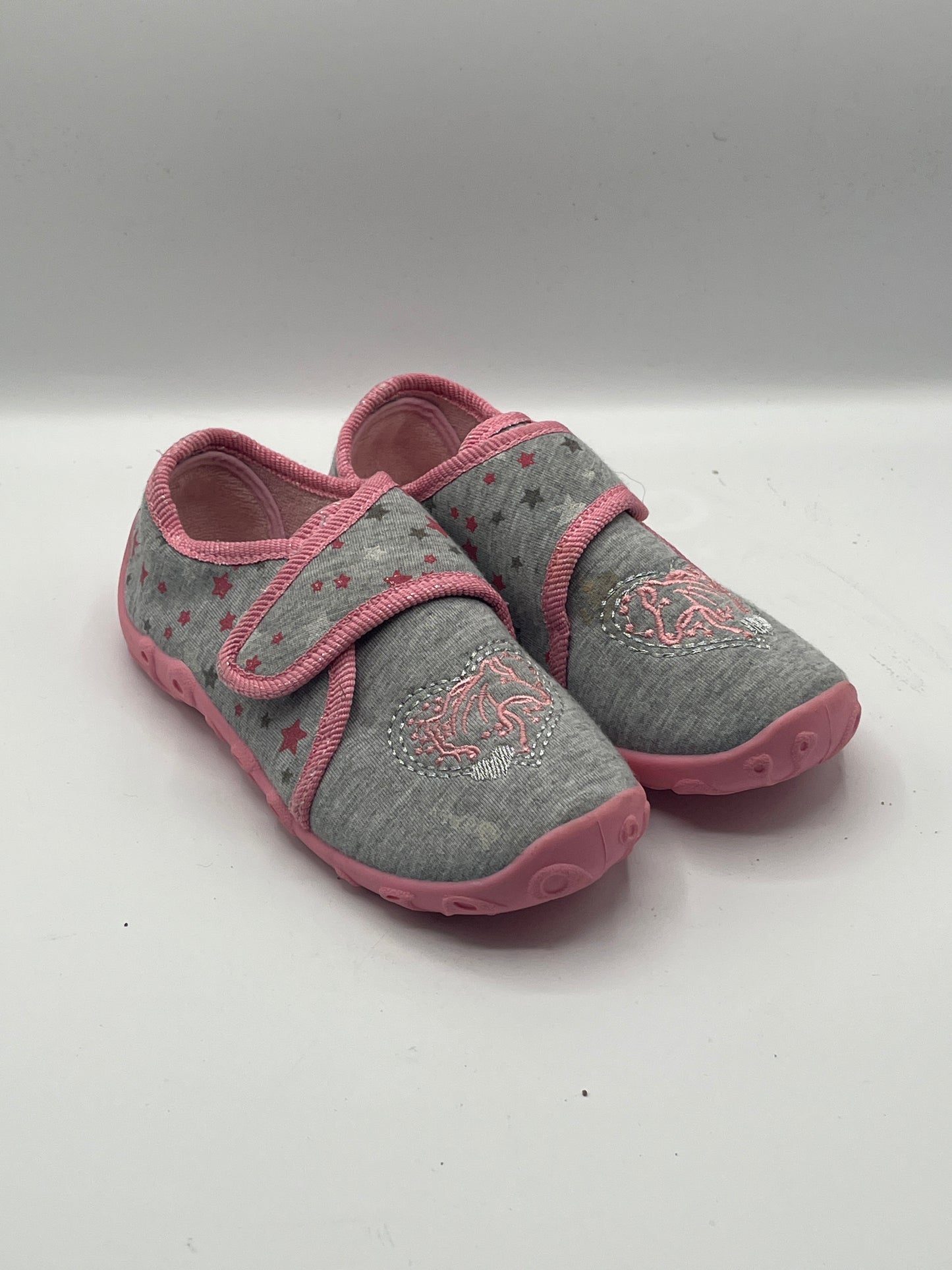 Kinder Hausschuhe Größe 29 – Grau Rosa mit Einhorn & Klettverschluss