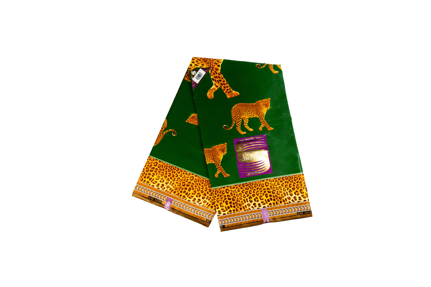 Afrikanischer Stoff in Grün mit Leopardenmotiv & Animal-Print-Bordüre – Hochwertiger Wax Print für Gewänder & Modeprojekte