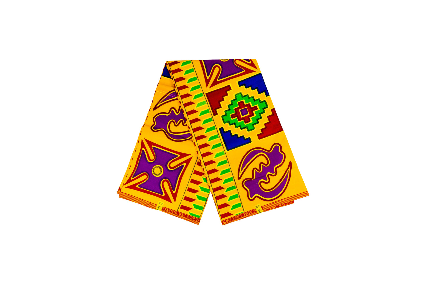 Afrikanischer Stoff in Gelb mit bunten Symbolmustern – Ausdrucksstarker Kente-inspirierter Stoff für Gewänder & Modeprojekte
