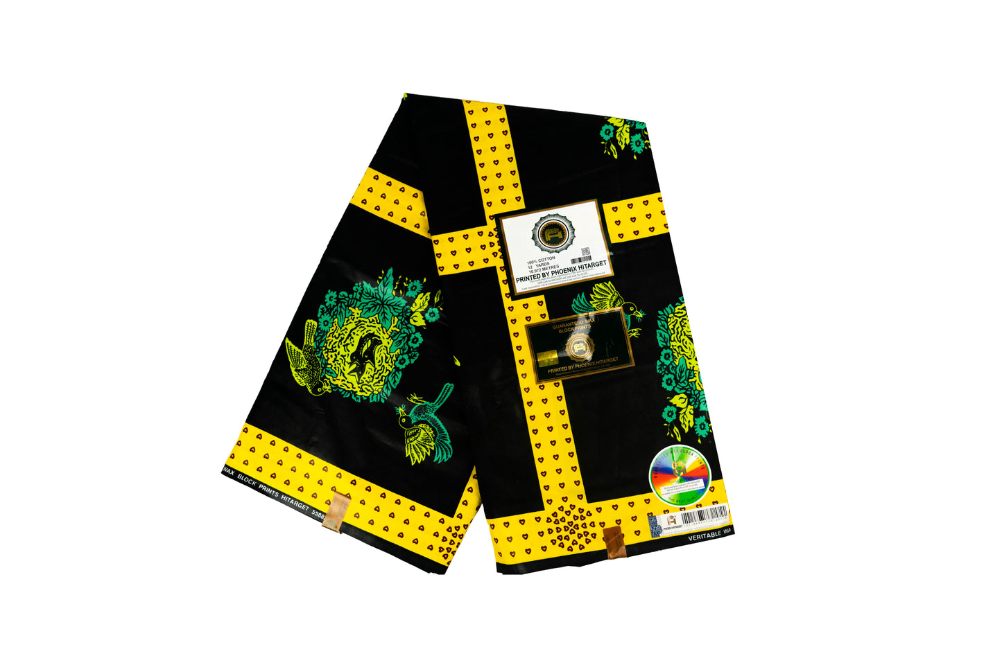 Afrikanischer Stoff in Schwarz mit gelb-grünen Kreuz- & Blumenmustern – Hochwertiger Wax Print für Gewänder & Modeprojekte