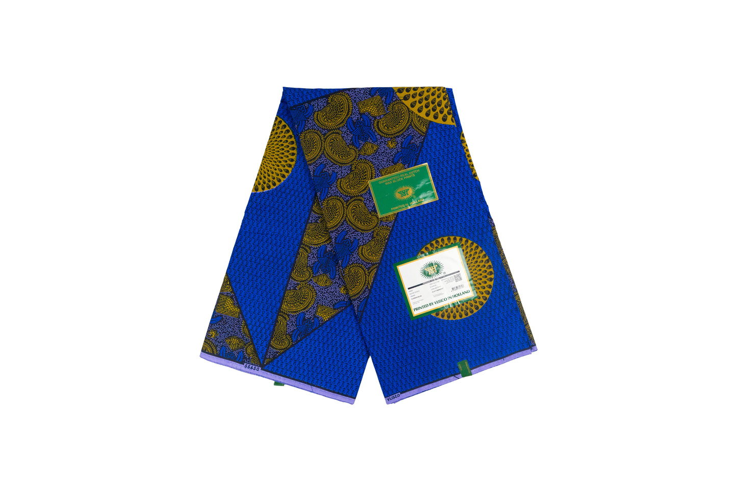 Afrikanischer Stoff in Blau mit goldenen Kreis- & Blumenmustern – Hochwertige Wax Print Stoffmeterware für Mode & Gewänder