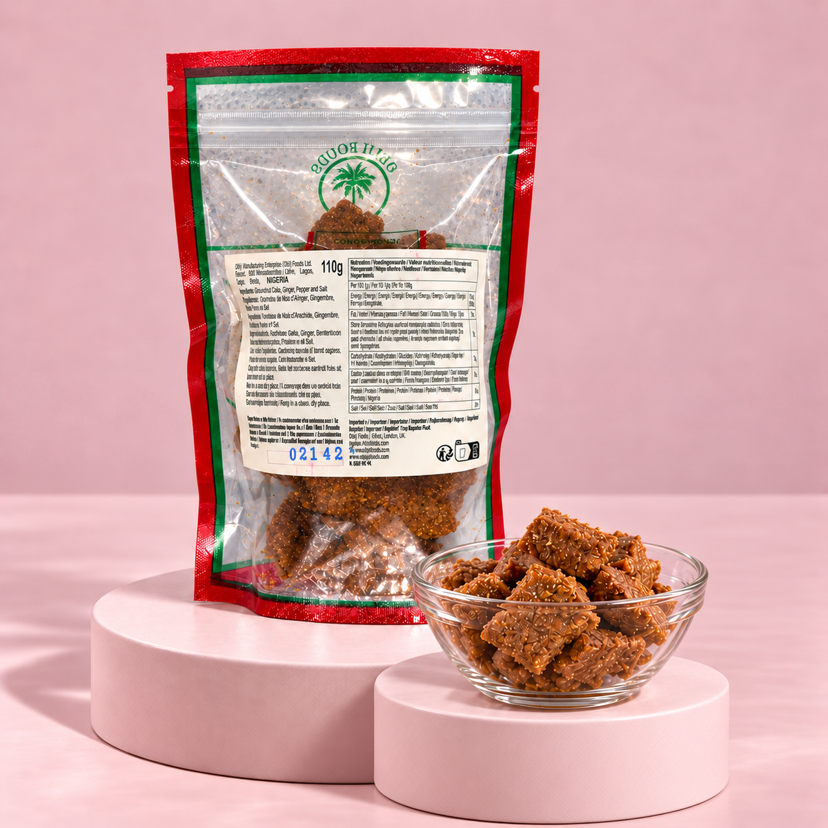 Obiji Kuli Kuli Erdnuss-Snack mit Ingwer, Pfeffer und Salz in 110-g-Packung.