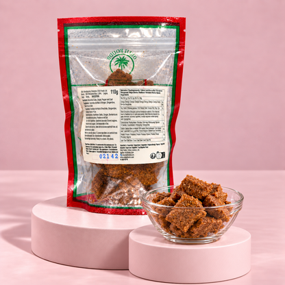Obiji Kuli Kuli Erdnuss-Snack mit Ingwer, Pfeffer und Salz in 110-g-Packung.