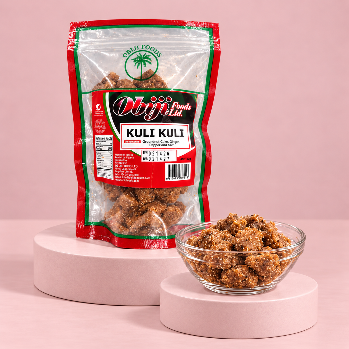 Obiji Kuli Kuli Erdnuss-Snack mit Ingwer, Pfeffer und Salz in 110-g-Packung.