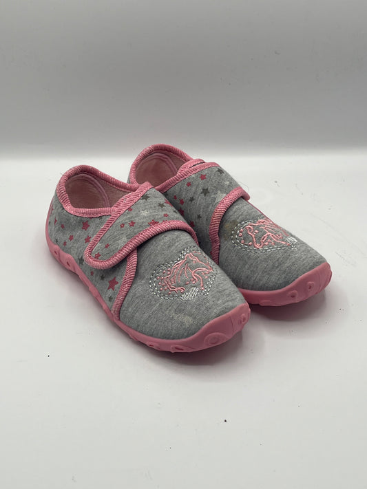 Kinder Hausschuhe Größe 29 – Grau Rosa mit Einhorn & Klettverschluss